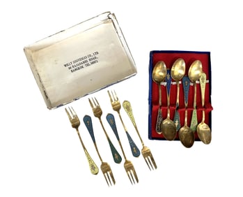 Vtg Demitasse Forks ans Spoons Brass Enamel Thailand Siam Set Of 12 Double Elephant Head