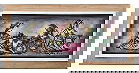 Nelson Dominguez (Born 1947) Cuban: Nelson Dominguez (Born 1947) Cuban Mixed Media on Canvas on Plasterboard Measure 13 1/2"in H x 33 1/2"in W and 20"in H x 40"in W framed Known for: Expressionist paintings with warm colors and black ac