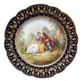 French Sevres Hand-Painted Porcelain Plate with Cobalt Border, Signed Boucher