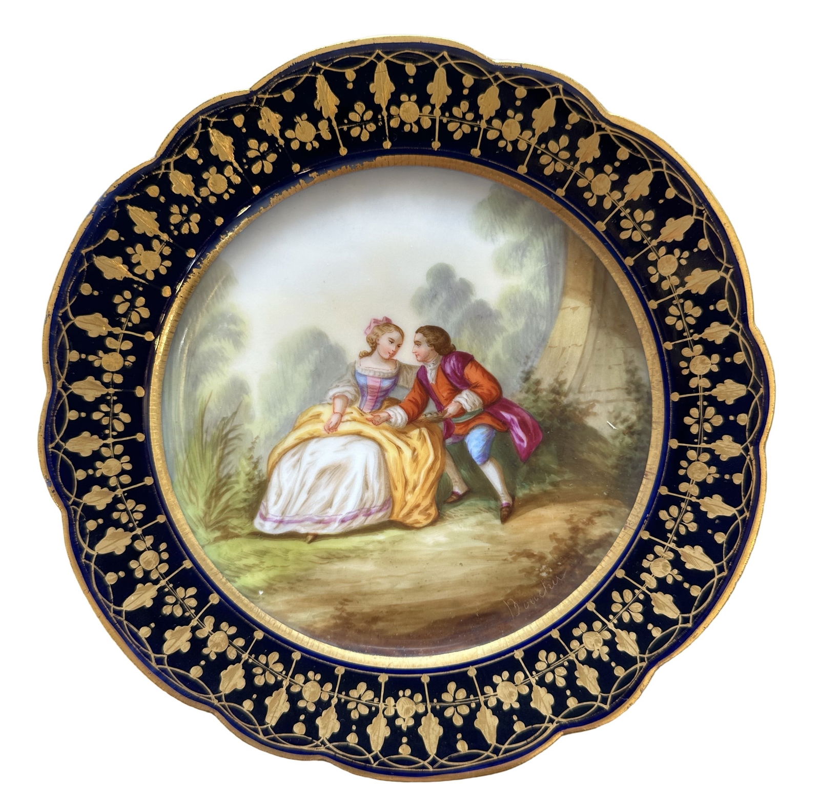 French Sevres Hand-Painted Porcelain Plate with Cobalt Border, Signed Boucher (1 of 3)