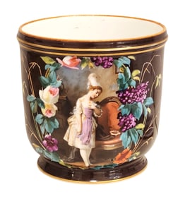 Porcelain Cachepot with Romantic Scene and Floral Decoration