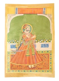 Indian Rajput Miniature Painting – Royal Warrior with Sword, Inscribed Verso