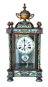 French Champleve Enamel and Ormolu Mantel Clock with Portrait Pendulum – Late 19th Century