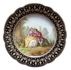 French Sevres Hand-Painted Porcelain Plate with Cobalt Border, Signed Boucher