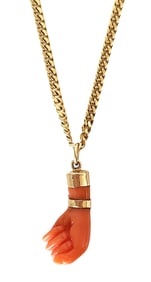 Italian 14K Gold Chain with Carved Coral “Mano Figa?? Pendant