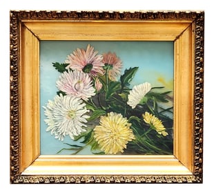 Antique Reverse Glass Painting of Chrysanthemums in Gilt Frame