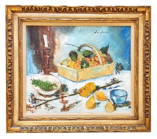 Jean Pasin – Still Life with Fruits and Utensils, Oil on Canvas in Gilt Frame