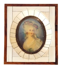 19th-Century French Miniature Portrait of a Lady, Signed Dupre – Inlaid Bone & Wood Frame