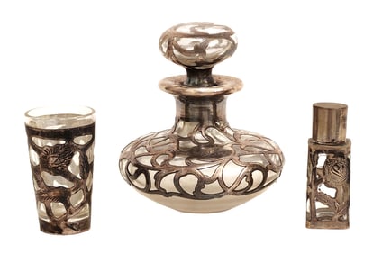 Mexican Sterling Silver Overlay Vanity Set, 3 Pcs