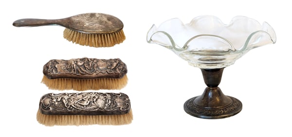 Group of Sterling Silver Grooming Brushes and Alvin Sterling Footed Glass Compote
