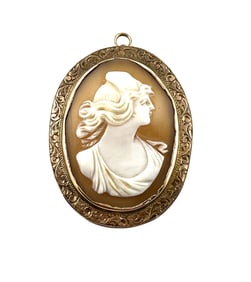 Antique 10K Gold Cornelian Shell Cameo Pearl Pin Brooch or Pendant