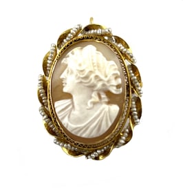 Antique 10K Cameo Brooch or Pendant with Seed Pearl Accents