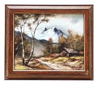 Hand-Painted Porcelain Plaque "Mountain Landscape with Cabin" Signed K. Rosson, 1982