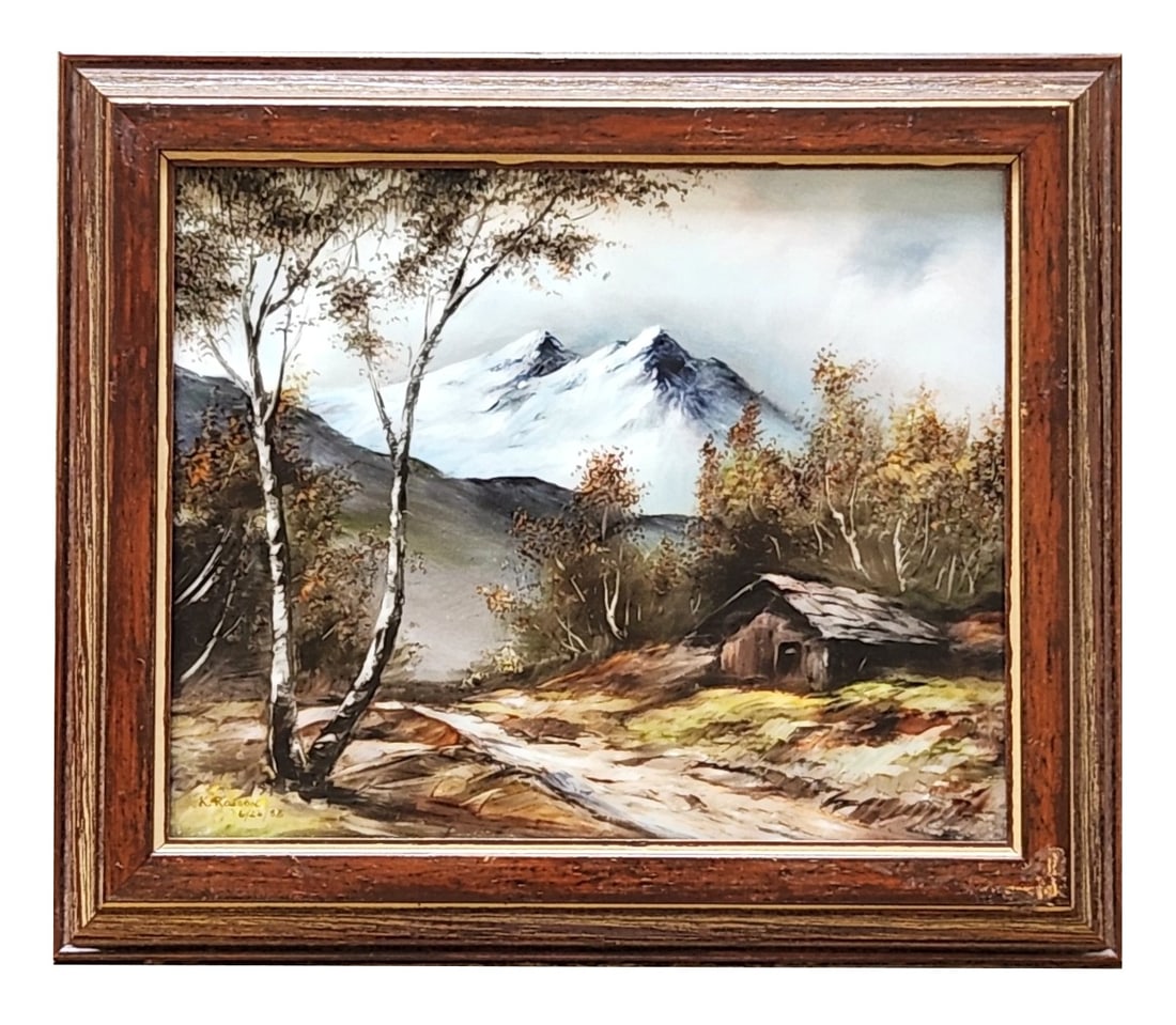 Hand-Painted Porcelain Plaque "Mountain Landscape with Cabin" Signed K. Rosson, 1982 (1 of 6)