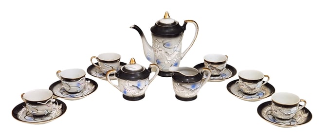 Japanese Moriage Dragon Tea Set with Lithophane Faces, 15 Pcs