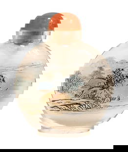 Chinese Inside-Painted Glass Snuff Bottle with Coral Top: Chinese inside-painted glass snuff bottle with flattened round form, decorated with a finely executed interior painting of a mountain landscape with trees, water, and a house. The bottle comes with a