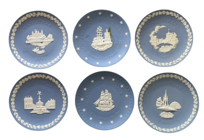 Set of 6 Wedgwood Jasperware Blue & White Commemorative Plates, Christmas & Historical Themes