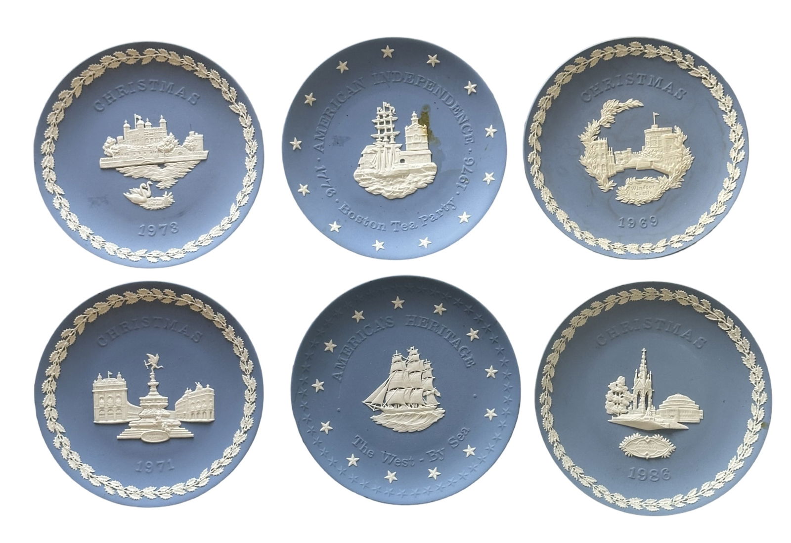 Set of 6 Wedgwood Jasperware Blue & White Commemorative Plates, Christmas & Historical Themes (1 of 2)
