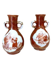 Pair of Hand Painted Japanese Kutani Style Porcelain Vases