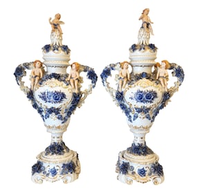Magnificent Pair of Monumental Dresden Porcelain Covered Urns with Putti, Hand-Made & Hand-Painted