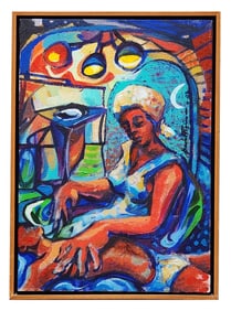 Symbolist Interior with Seated Woman and Child, Signed