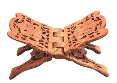 Hand-Carved Wooden Folding Book Stand (Rehal), with Floral Motif, 20th Century