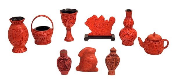Lot of 9 Chinese Cinnabar-Style Red Lacquer Decoratives, Mid-20th Century