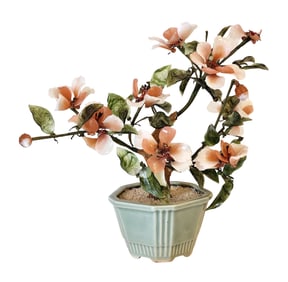 Chinese Gemstone Carved Flowering Tree in Celadon Pot
