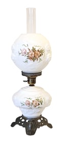 Antique Gone-with-the-Wind Style Oil Lamp with Floral Embossed Glass