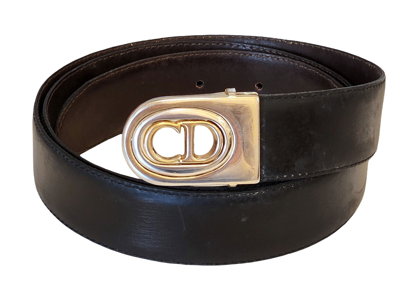 Christian Dior Black Leather Belt with Gold-Tone CD Buckle (1 of 2)