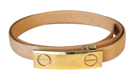 Cartier Paris Tan Leather Belt with Gold-Tone Screw Motif Buckle