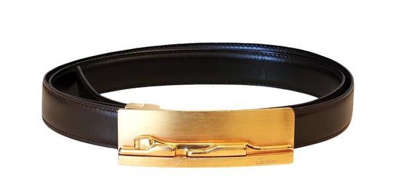 Cartier Paris Brown Leather Belt with Gold-Tone Panther Buckle