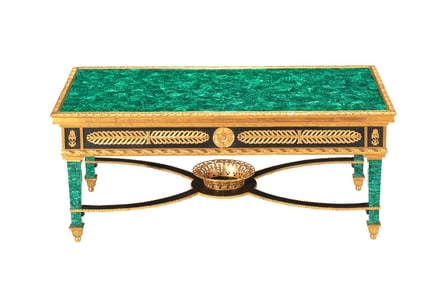 Italian Neoclassical Table with Malachite Top, Malachite-Clad Legs, and Gilt Bronze Ornamentation