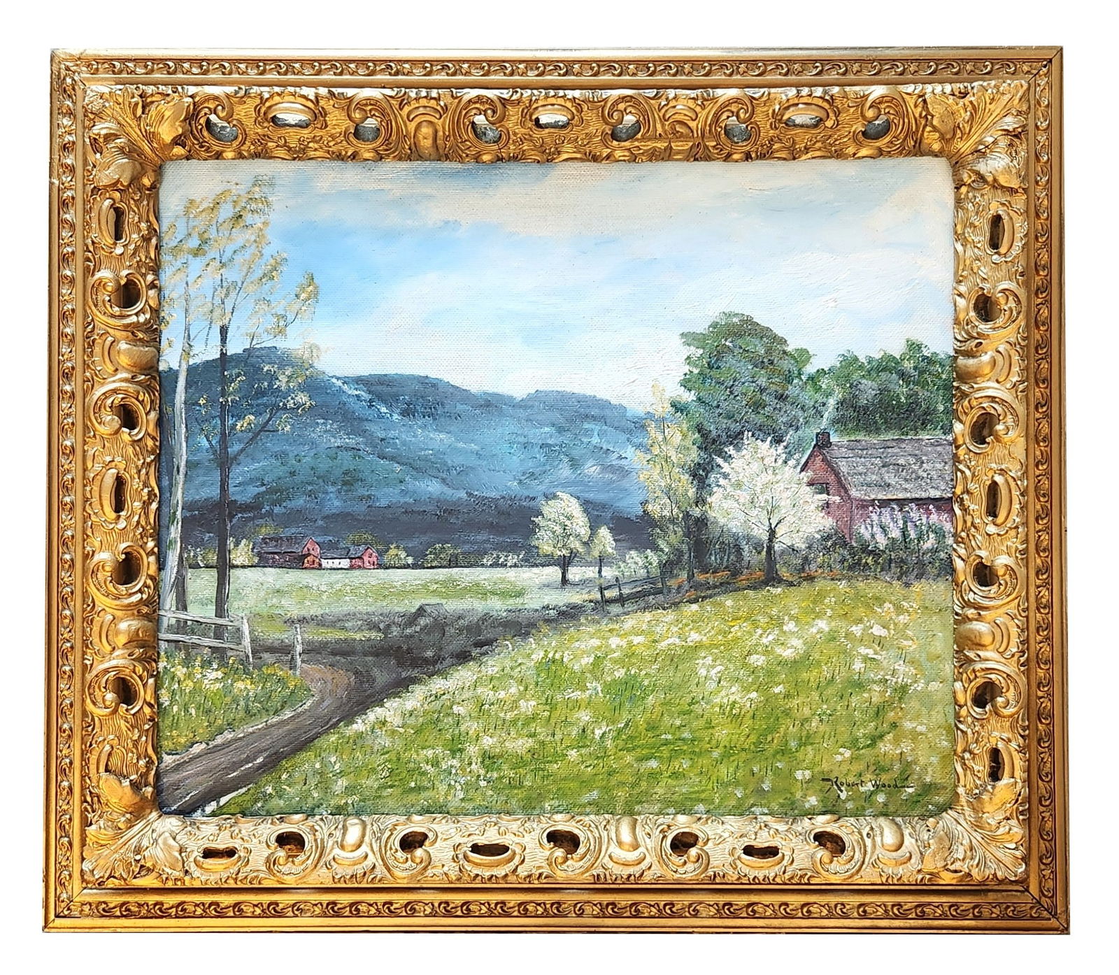 Robert William Wood (1889 - 1979) England: Robert William Wood (1889 - 1979) England Oil on Board Measure 19 1/2"in H x 23 1/4"in W and 26"in H x 30"in W x 2 1/2"in D framed Known for: Landscape, coastal view and still life painting Name varia