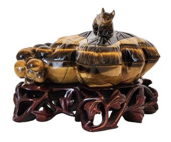 Tiger’s Eye Carved Lidded Box with Rabbit Finial and Wooden Stand