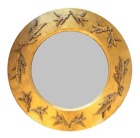 Round Gilt Wall Mirror with Raised Laurel Branch Motifs