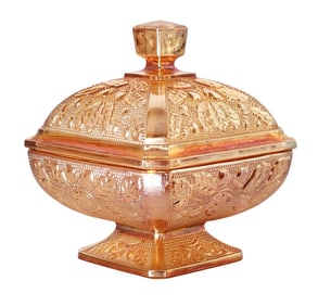 Vintage Marigold Carnival Glass Covered Dish – Embossed Leaf & Floral Pattern on Pedestal Base