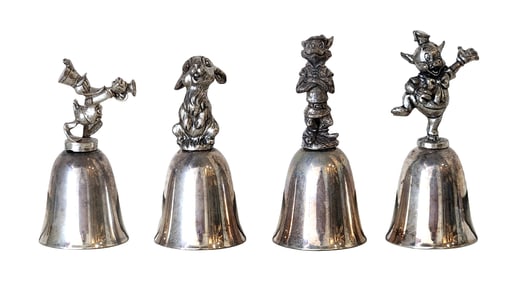 Set of 4 Vintage Disney Silver Character Bells – Donald Duck, Rabbit, Elf & Pig by NE