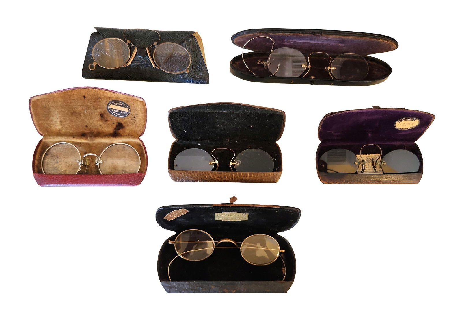 Collection of 6 Antique Eyeglasses with Original Optician Cases – Early 1900s Rimless, Pince-Nez & (1 of 8)