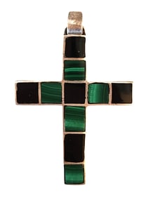 Vintage Sterling Silver Cross Pendant with Malachite & Onyx Inlay – Mosaic Design