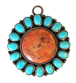 Sterling Silver Pendant with Spiny Oyster & Turquoise Cabochons – NK Thailand, 925