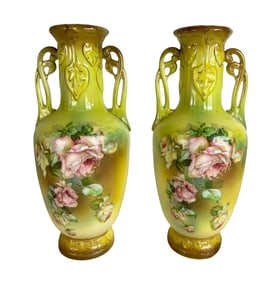 Pair of Royal Wettina Austria Art Nouveau Hand-Painted Rose Porcelain Vases