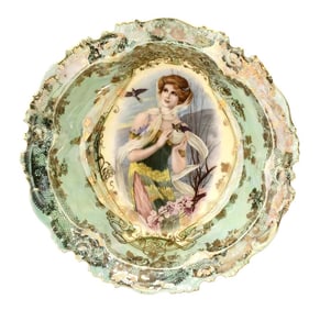 Antique German Art Nouveau Porcelain Cabinet Bowl – Hand-Painted Maiden & Birds, Prov Svc C.S.
