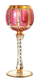 Antique Bohemian Cranberry Cut-to-Clear Wine Goblet with Heavy Gold Gilding