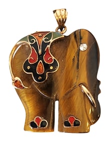 14K Gold Tiger’s Eye Elephant Pendant – Enamel Accents & Crystal Detail