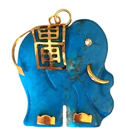 14K Gold & Turquoise Elephant Pendant – Carved Stone with Gold Accents & Crystal Eye
