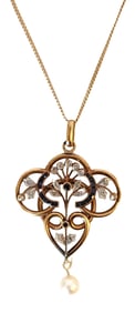 Art Nouveau 14K Gold Pendant Necklace with Diamonds, Sapphires & Pearl Drop