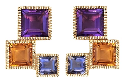 Vintage 14K Gold Earrings with Amethyst, Citrine & Iolite, Geometric Modernist Design
