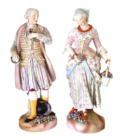 Monumental Meissen-Style Hand-Painted Porcelain Figures of a Courtly Couple