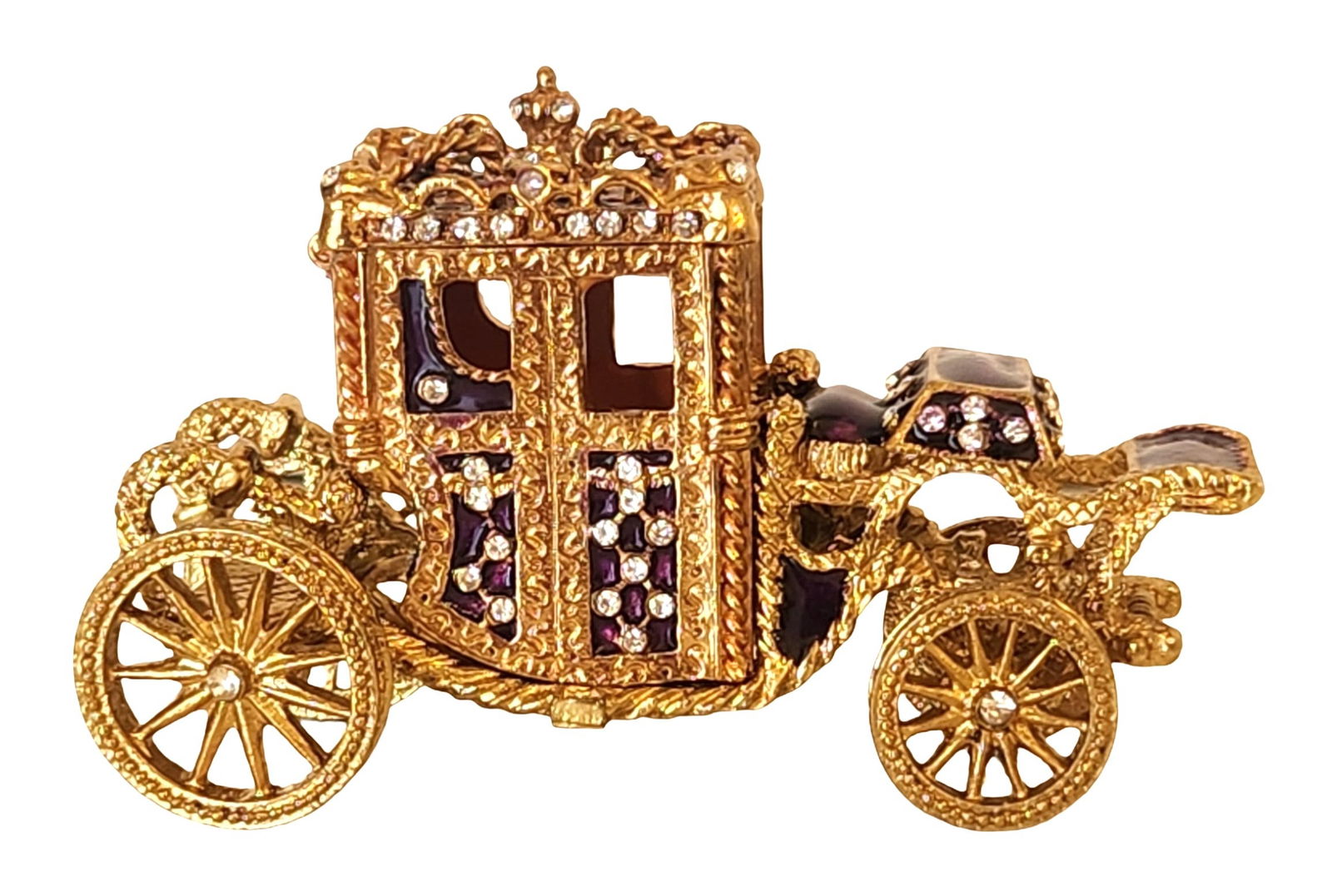 Jeweled Imperial Carriage Trinket Box – Gold Gilt & Purple Enamel Coach with Crystal Accents,: A beautifully crafted Imperial-style jeweled carriage trinket box, richly decorated with gold-tone gilt metal, deep purple enamel panels, and dazzling clear crystal accents. Designed in the likeness o